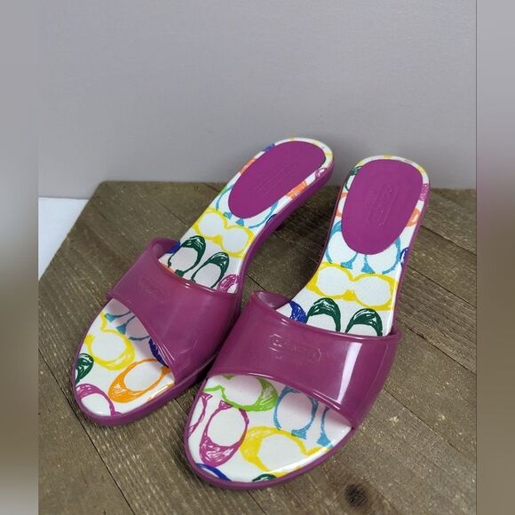 Coach Jelly Slide Sandals – Rainbow Monogram – Size 10 – 2” Heel - Picture 7 of 9